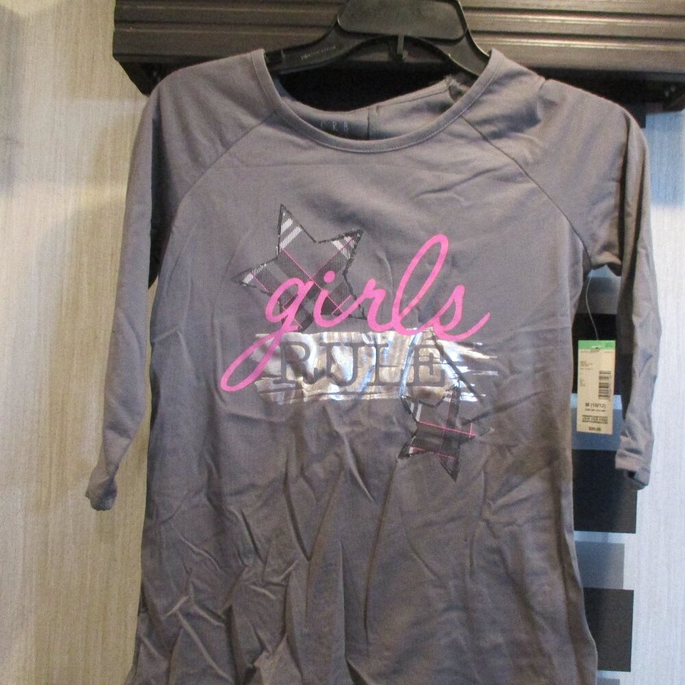 Girls Tee "Girls Rule" Gray Shirt with plaid back insert CRB T-shirt Size 10-12